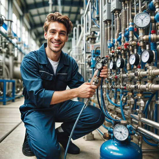 Técnico realizando mantenimiento de sistema de aire comprimido.